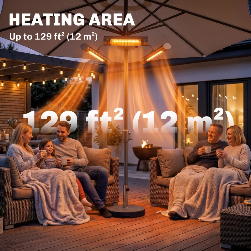Outsunny Electric Patio Heater with 3 Heating Panels and Ultra-low Glare, Aluminum Alloy Parasol Heater with Infrared Remote Control for Garden Pergola Gazebo Umbrella, Silver