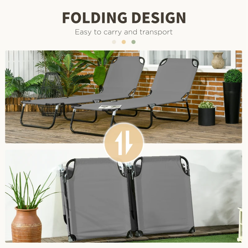 Outsunny 2 Pieces Pool Chaise Lounge Chairs, Folding Lounge Chairs with 5-Level Reclining Back, Steel Frame, Dark Gray