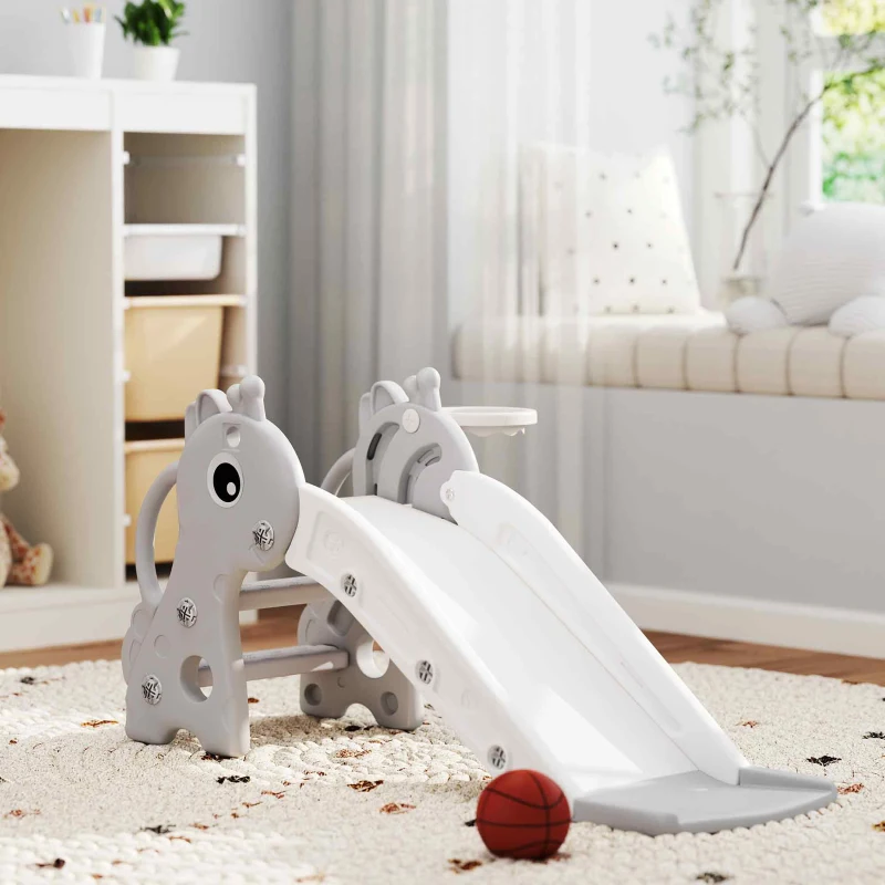 Qaba 3-in-1 Toddler Slide for Age 1-3, Freestanding Kids Slide with Climber, Basketball Hoop and Ball, Giraffe Design, Gray