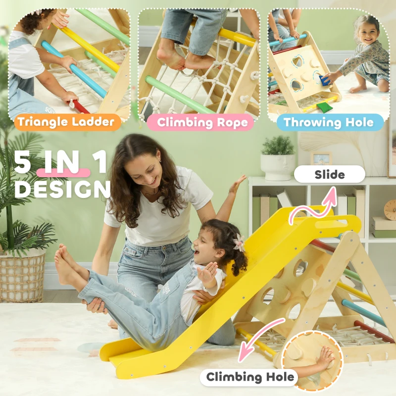 Qaba 5 in 1 Pikler Triangle Set with Slide & Sandbags for Kids 18-48 Months