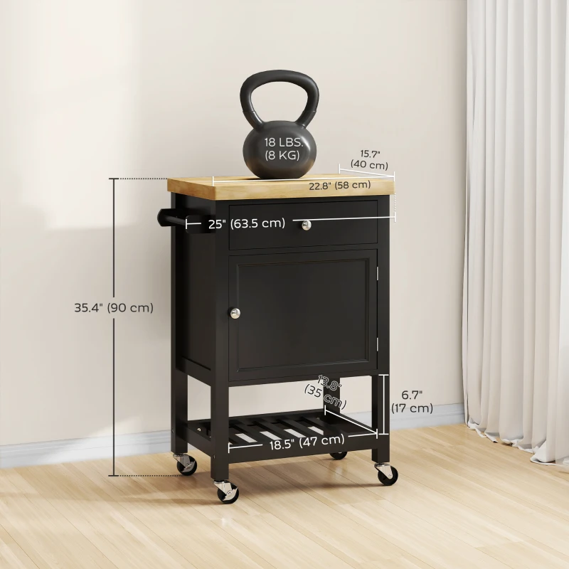 HOMCOM Kitchen Island on Wheels, Rolling Kitchen Cart with Wood Top, Towel Rack, Drawer and Shelf for Dining Area, Black