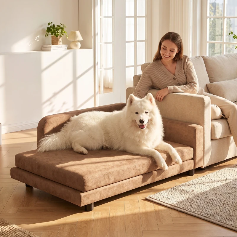 PawHut Dog Bed for Large Breeds, Soft Velvet Dog Couch with Removable Cushion, Backrest, Armrest and Low Feet, Brown