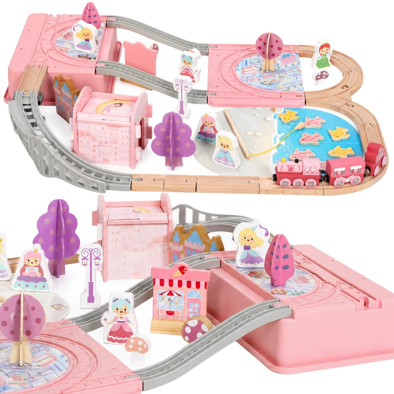 Qaba 58PCS Wooden Train Set for Toddlers, Train Track Set with 17 Track Pieces, 5 Princess Figures and Accessories