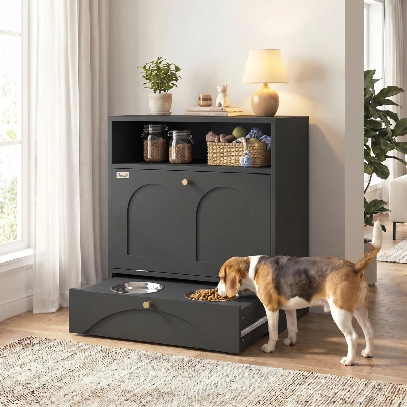 PawHut Dog Feeding Station, Dog Food Storage Cabinet with 2 Elevated Bowls, Tilt-Out Cabinet and Storage Shelf, Black