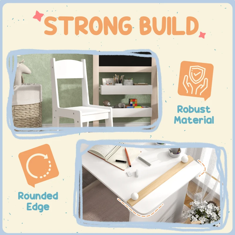 Qaba 3 in 1 Kids Table and Chair Set with Storage, Whiteboard, Blackboard & Roll Paper for 3-8 Years, White