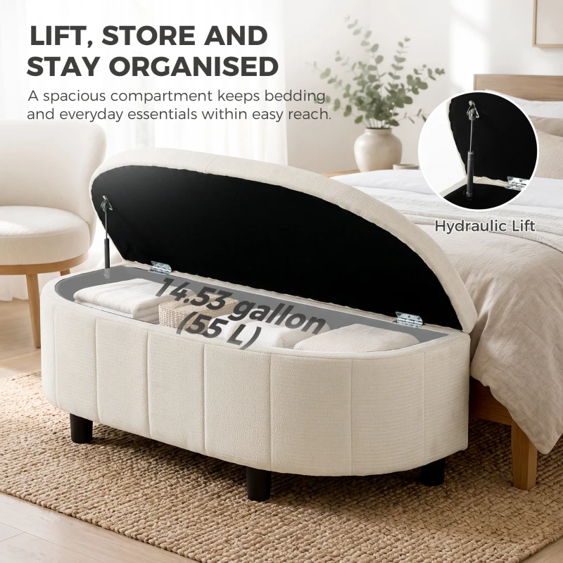 HOMCOM Chenille Fabric Semi-Round Ottoman with Hydraulic Lift-Top Storage, 484 lbs Capacity, Footstool, Cream White