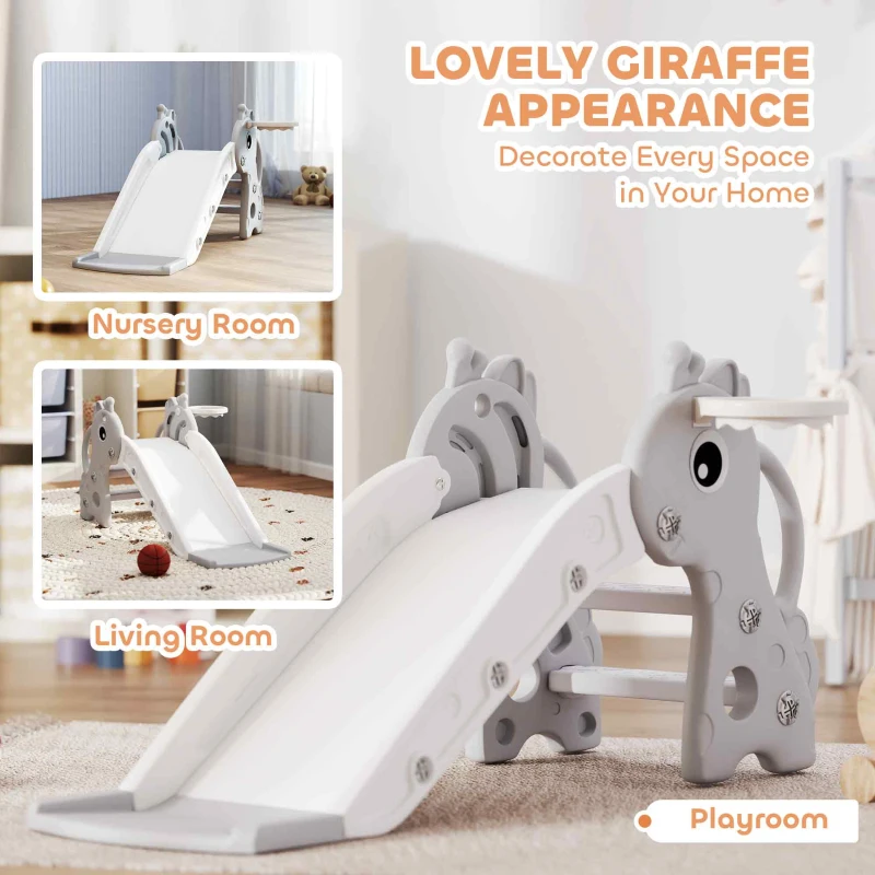 Qaba 3-in-1 Toddler Slide for Age 1-3, Freestanding Kids Slide with Climber, Basketball Hoop and Ball, Giraffe Design, Gray