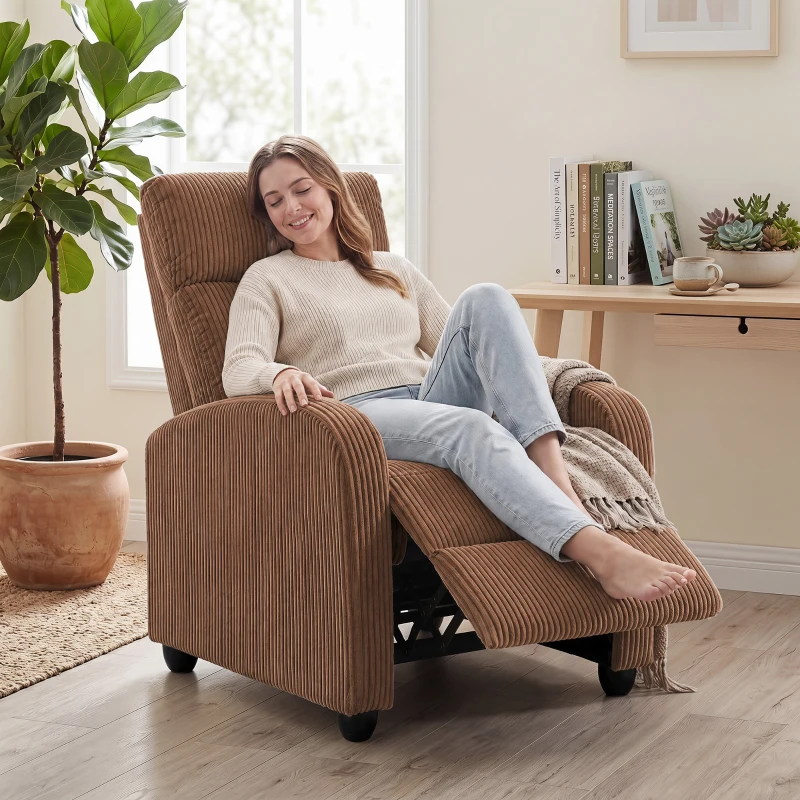 HOMCOM Corduroy Home Theater Seating, Push Back Recliner Chair with Padded Seat for Living Room, Brown