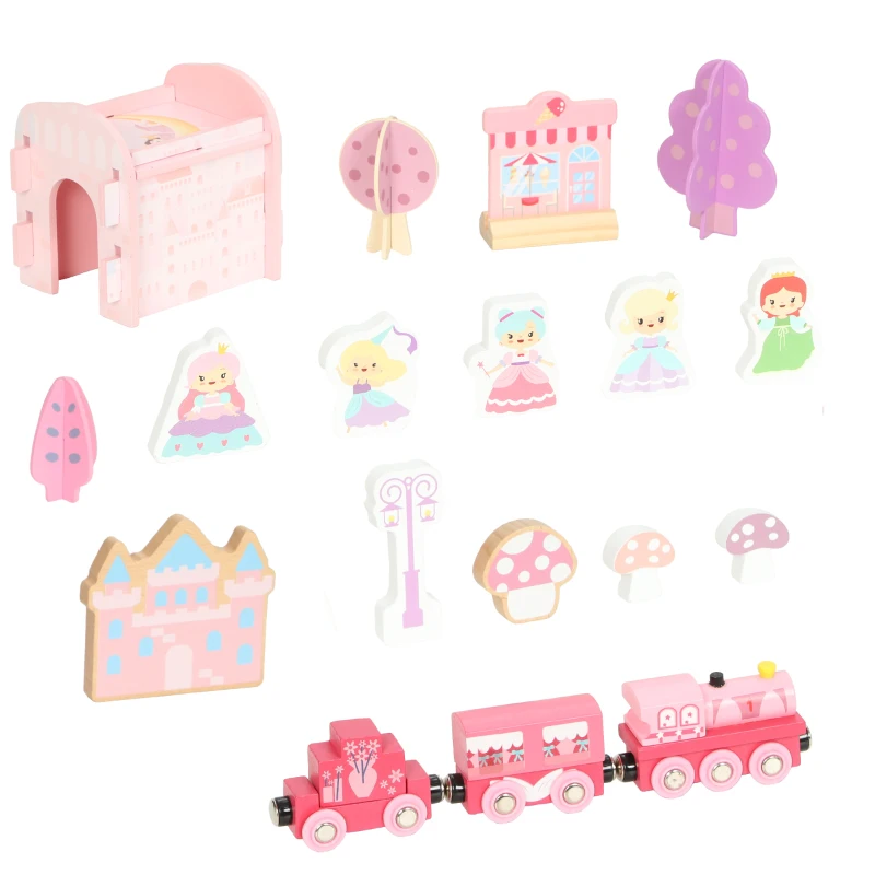 Qaba 58PCS Wooden Train Set for Toddlers, Train Track Set with 17 Track Pieces, 5 Princess Figures and Accessories