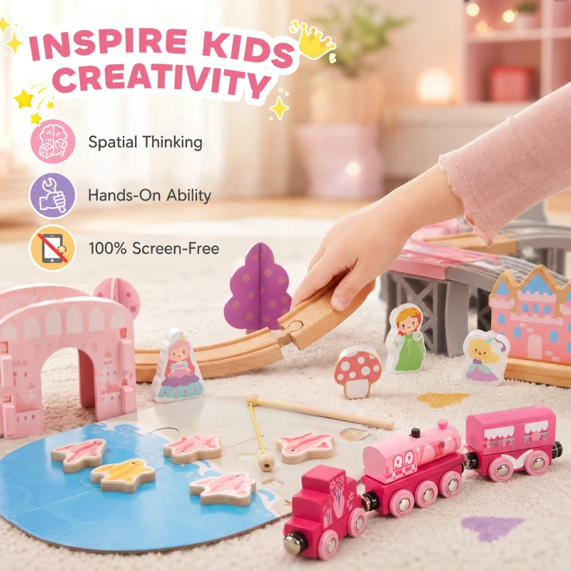 Qaba 58PCS Wooden Train Set for Toddlers, Train Track Set with 17 Track Pieces, 5 Princess Figures and Accessories