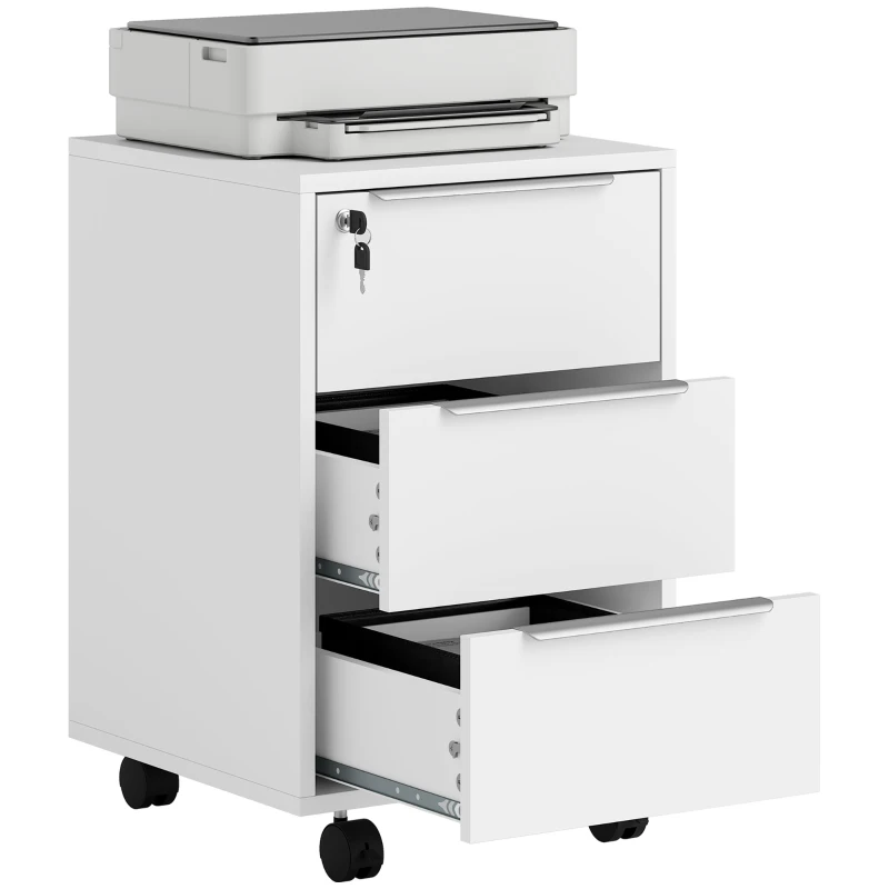 HOMCOM 3-Drawer File Cabinet with Wheels, Vertical Filing Cabinet with Lock, White