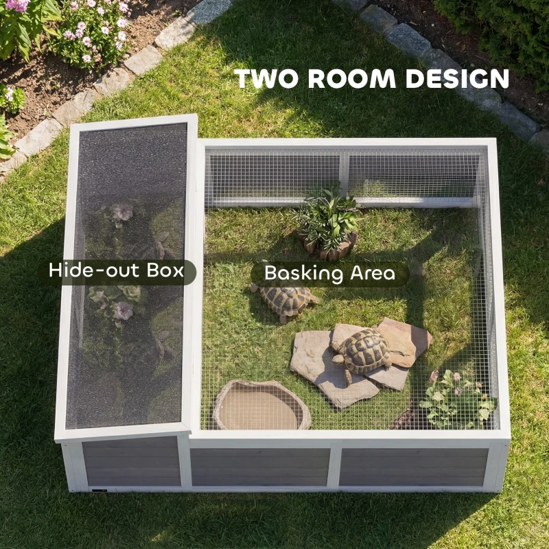 PawHut Tortoise Habitat Openable Top Wooden Tortoise Enclosure Run Area and Clear Window Dark Gray