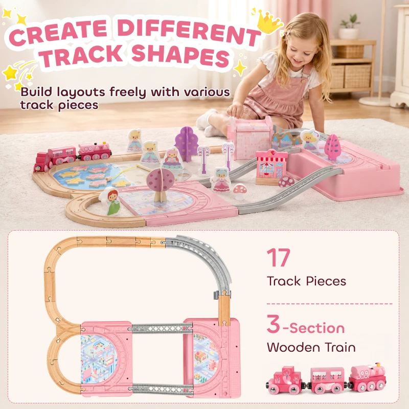 Qaba 58PCS Wooden Train Set for Toddlers, Train Track Set with 17 Track Pieces, 5 Princess Figures and Accessories