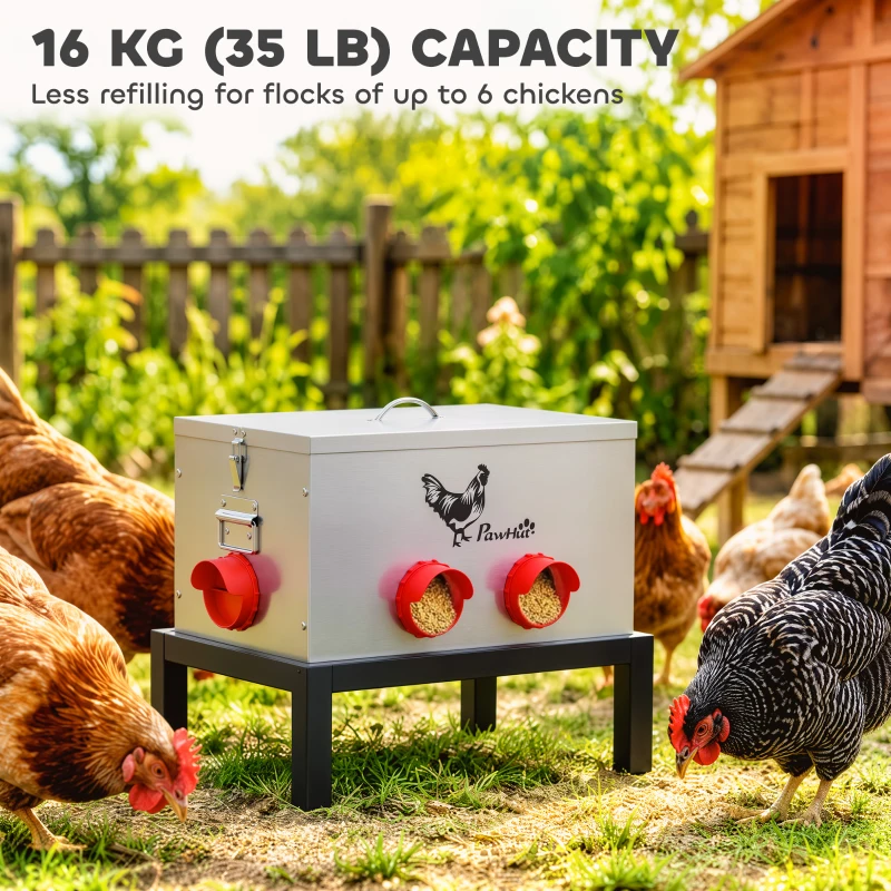 PawHut 35LB Automatic Chicken Feeder, Metal Poultry Feeder w/ 6 No-Waste Ports & Lid, Rat Proof, Weatherproof Design and Stand