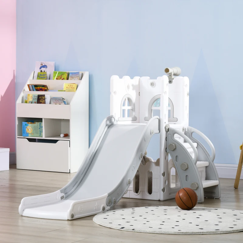 Qaba 5 in 1 Toddler Slide with Basketball Hoop, Climber, Telescope, Storage Basket, for 1-3 Years Kids Indoor Use, Grey