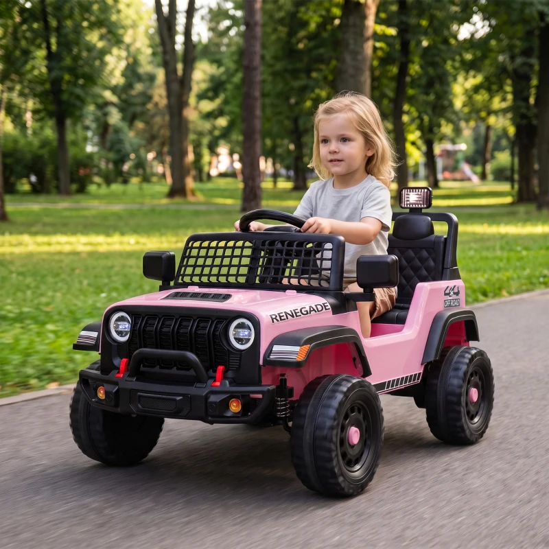 Qaba 12V Ride on Truck Car with Remote, Soft Start, 4-Wheel Suspension, Safety Belt, Lights, USB Music for Ages 2-4, Pink