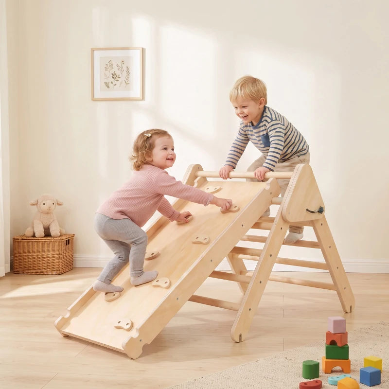 Qaba Pikler Triangle Set, 3 in 1 Climbing Toys with Ramp for Toddlers, Nature Wood