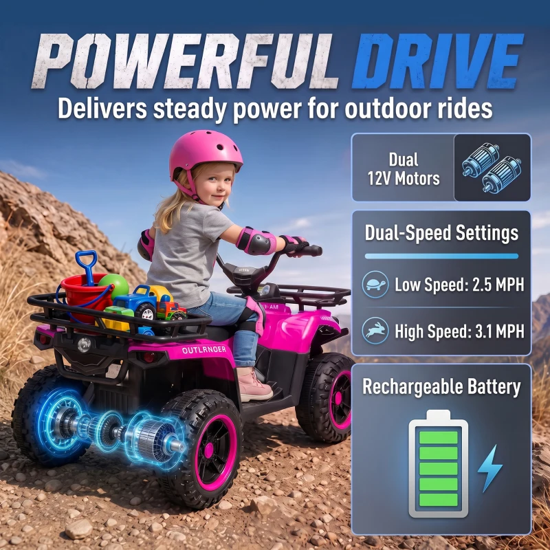 Qaba 24V Ride on ATV, 4 Wheeler for Kids with Dual Motors, Soft Start, Battery Display, Music, Lights for 3-8 Years, Pink