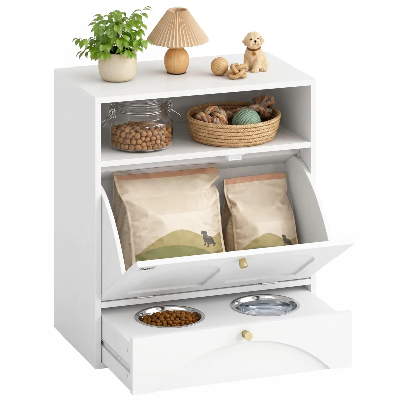PawHut Dog Feeding Station, Dog Food Storage Cabinet with 2 Elevated Bowls, Tilt-Out Cabinet and Storage Shelf, White