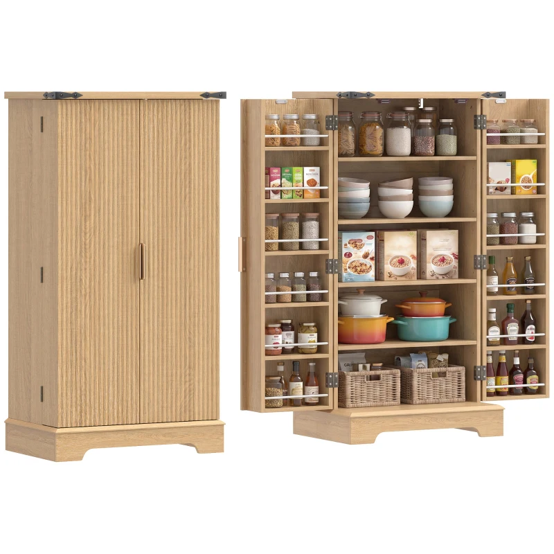 HOMCOM 46" Kitchen Pantry Cabinet with Doors and Adjustable Shelves, Freestanding Fluted Pantry Cabinet with Spice Racks