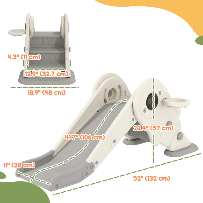 Qaba 3 in 1 Toddler Slide, Foldable Kids Slide with Basketball Hoop, Climber, Anti-Slide Step for Ages 2-5, Cream White