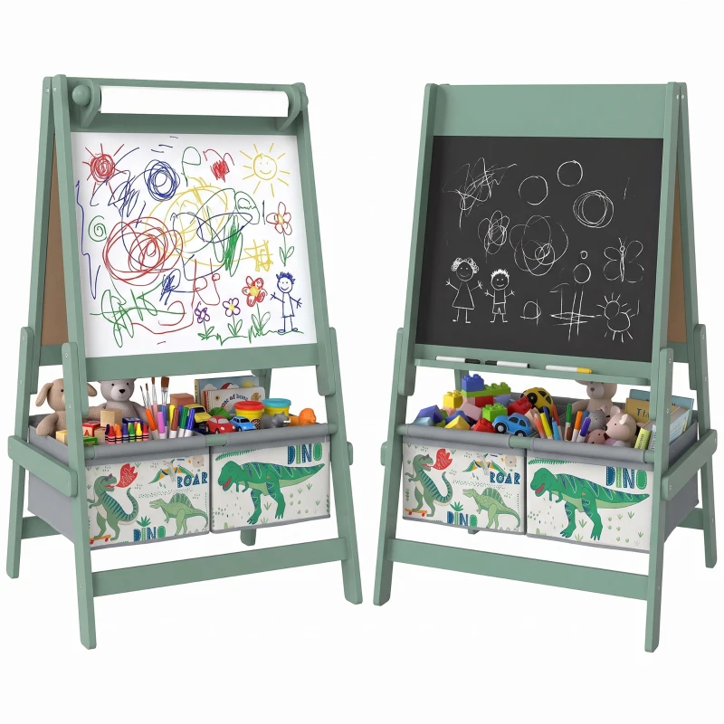 Qaba Art Easel for Kids, 3-in-1 Double-Sided Kids Easel with Chalkboard, Whiteboard, Paper Roll, 2 Storage Bins for 3-8, Green