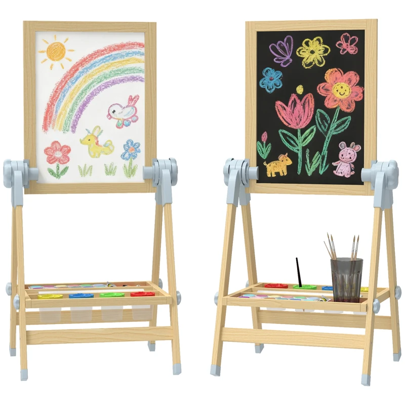 Qaba Wooden Art Easel, Double Sided Kids Easel with Height Adjustable Chalkboard and Magnetic Whiteboard, Natural