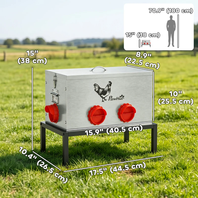 PawHut 35LB Automatic Chicken Feeder, Metal Poultry Feeder w/ 6 No-Waste Ports & Lid, Rat Proof, Weatherproof Design and Stand