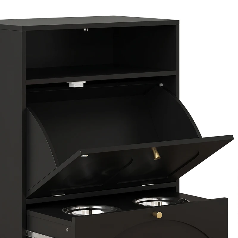 PawHut Dog Feeding Station, Dog Food Storage Cabinet with 2 Elevated Bowls, Tilt-Out Cabinet and Storage Shelf, Black