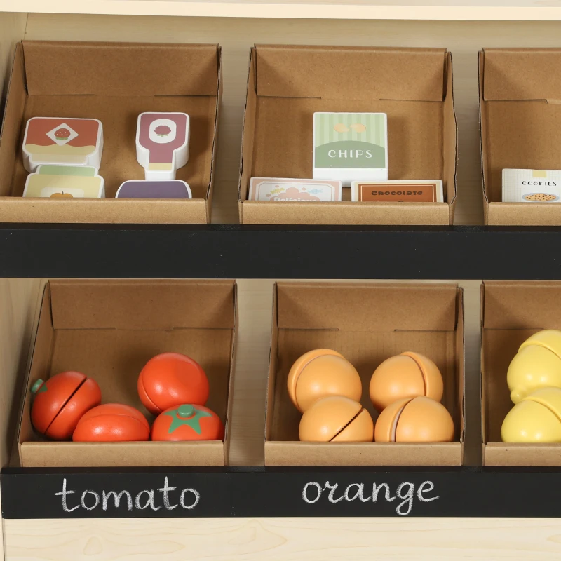 Qaba Wooden Grocery Store Playset Pretend Play with Play Food, Cash Register, Chalkboard, 61 Accessories for Boys & Girls 3-8