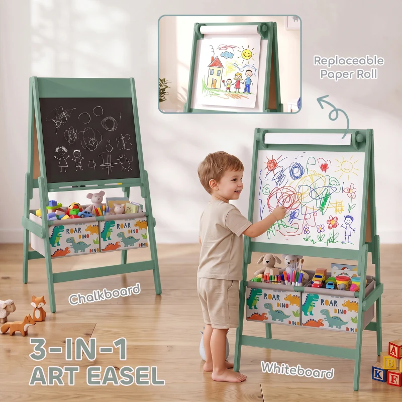 Qaba Art Easel for Kids, 3-in-1 Double-Sided Kids Easel with Chalkboard, Whiteboard, Paper Roll, 2 Storage Bins for 3-8, Green