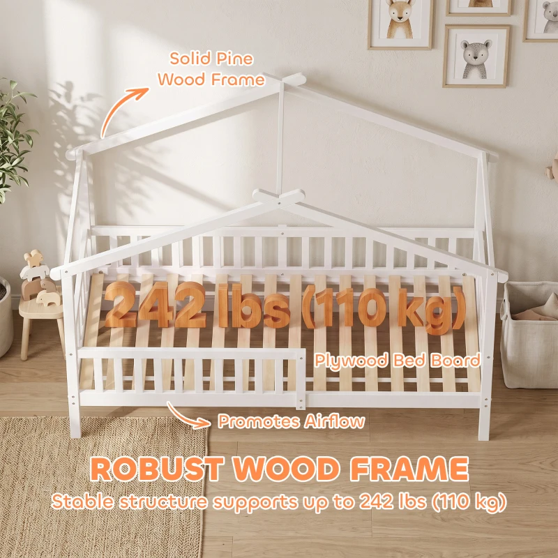 Qaba Twin Bed Frame, Solid Wood Montessori House Bed with Roof, Safety Guardrail for Girls Boys, No Box Spring Needed, White