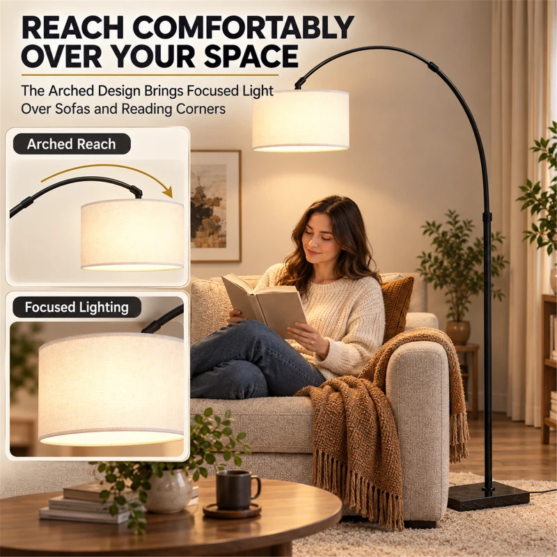 HOMCOM Arc Floor Lamp, Standing Lamp with Adjustable Linen Shade, 90° Tilt and Swivel Shade, Height-Adjustable, Black