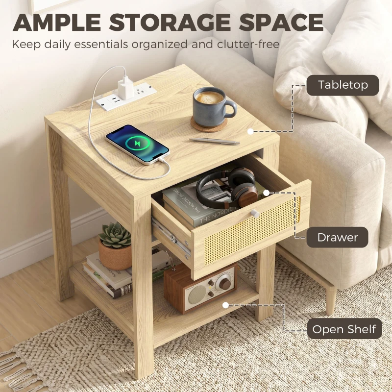 HOMCOM Boho Side Tables Set of 2 with Charging Station, End Tables with Drawer and Open Shelf for Living Room, Natural Wood