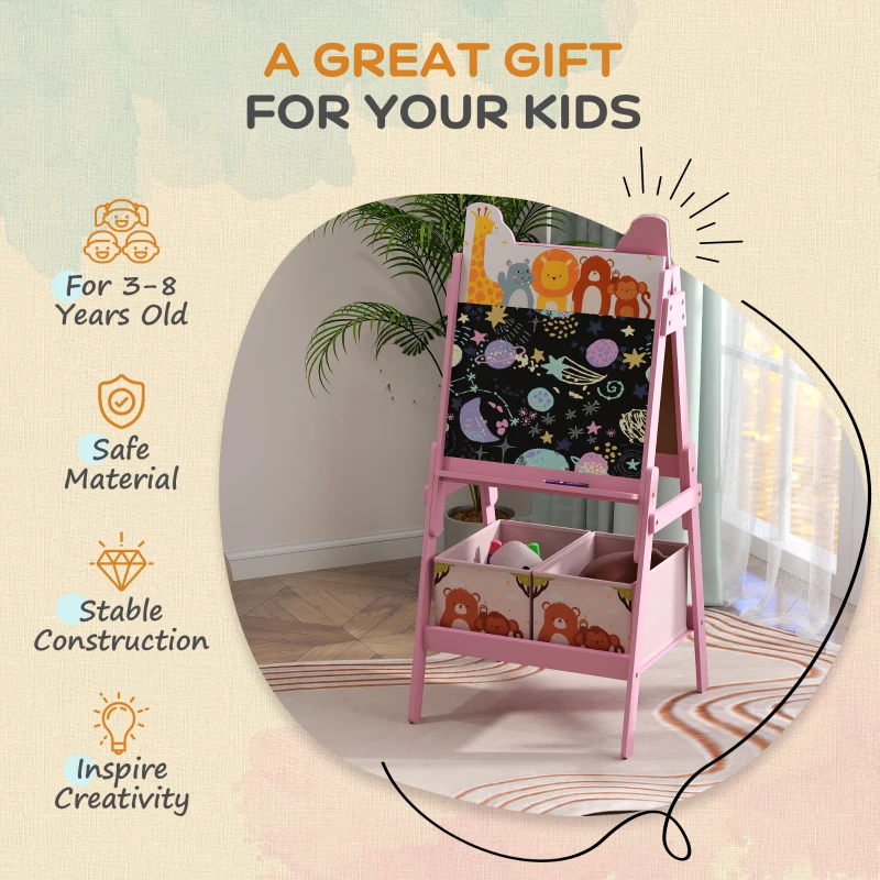 Qaba Doubel-Sided Easel for Kids w/ Whiteboard, Chalkboard, Storage Boxes, Blue