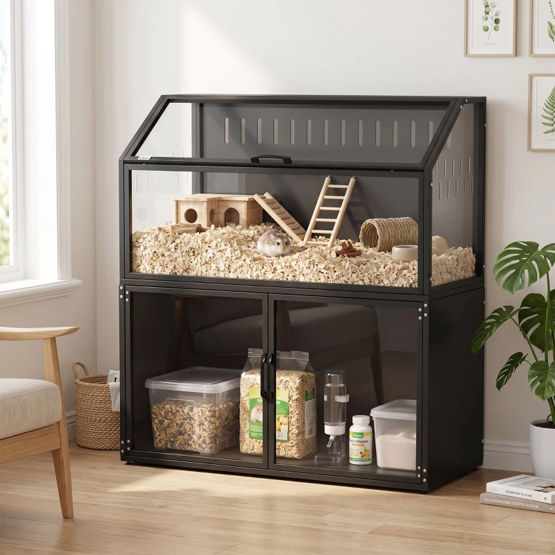 PawHut Hamster Cage with Storage Cabinet, Small Animal Cage with Easy View Acrylic Panels and Openable Top, Guinea Pig Habitat
