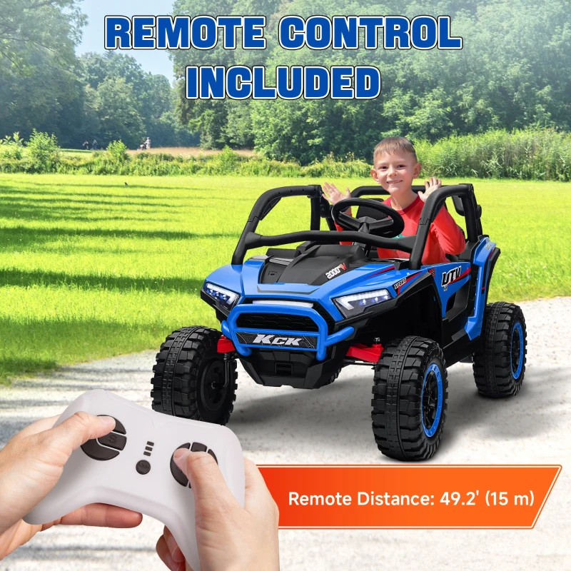 Qaba 2 Seater 24V 7AH Ride on Truck, Electric Car for Kids w/ Spring Suspension, Remote Lights, Horn, Music, Blue
