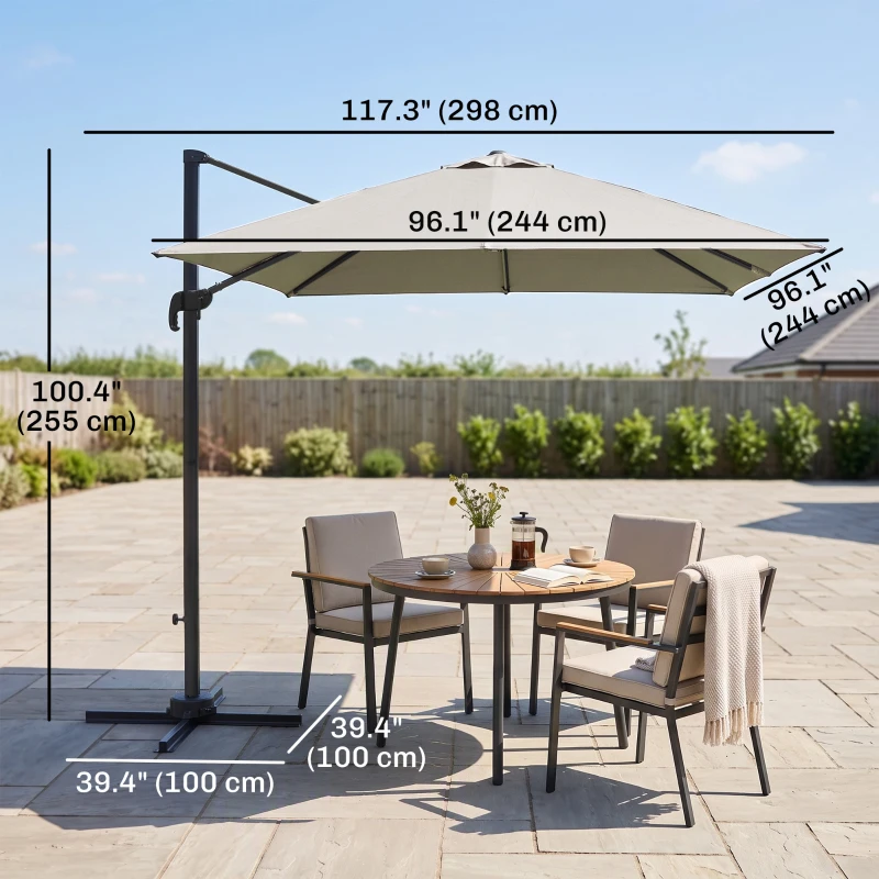 Outsunny 8 FT Aluminium Cantilever Patio Umbrella with 360° Rotation, Cross Base, Crank and Tilt for Garden, Patio, Light Grey
