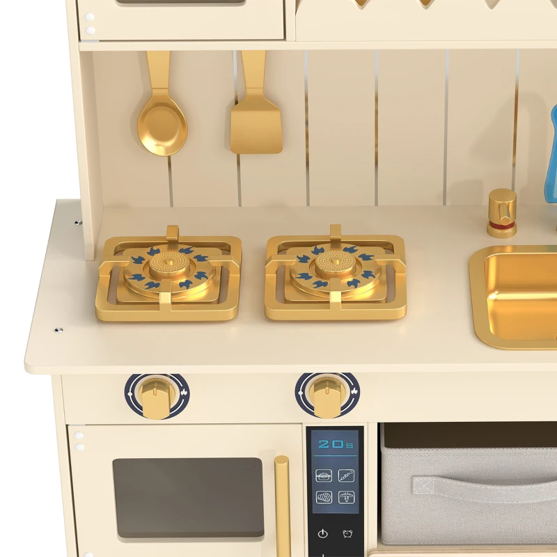 Qaba Wooden Play Kitchen Set for Kids with Real Lights & Sounds, 12PCs Accessories, Gift for Boys & Girls, Ages 3-6, Cream