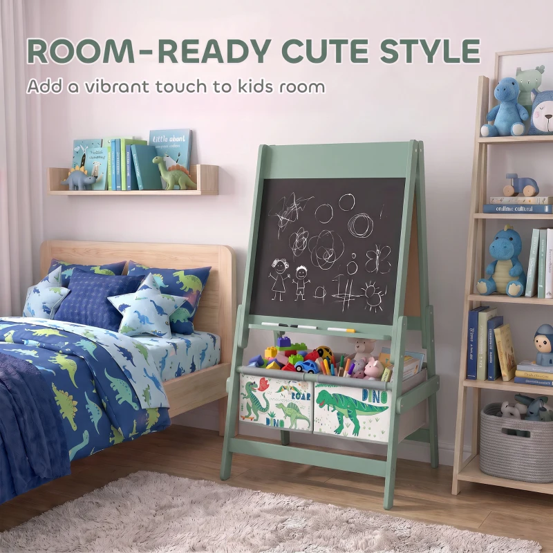 Qaba Art Easel for Kids, 3-in-1 Double-Sided Kids Easel with Chalkboard, Whiteboard, Paper Roll, 2 Storage Bins for 3-8, Green