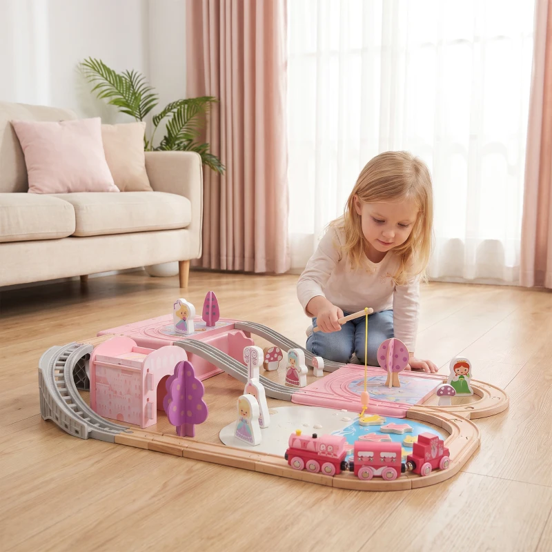 Qaba 58PCS Wooden Train Set for Toddlers, Train Track Set with 17 Track Pieces, 5 Princess Figures and Accessories