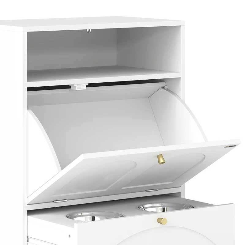 PawHut Dog Feeding Station, Dog Food Storage Cabinet with 2 Elevated Bowls, Tilt-Out Cabinet and Storage Shelf, White