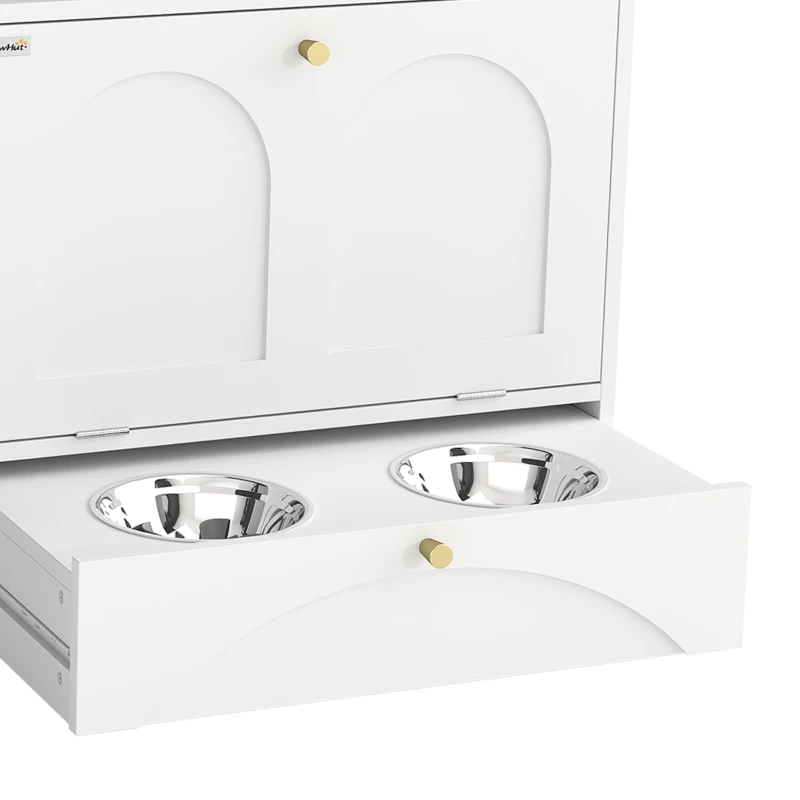 PawHut Dog Feeding Station, Dog Food Storage Cabinet with 2 Elevated Bowls, Tilt-Out Cabinet and Storage Shelf, White