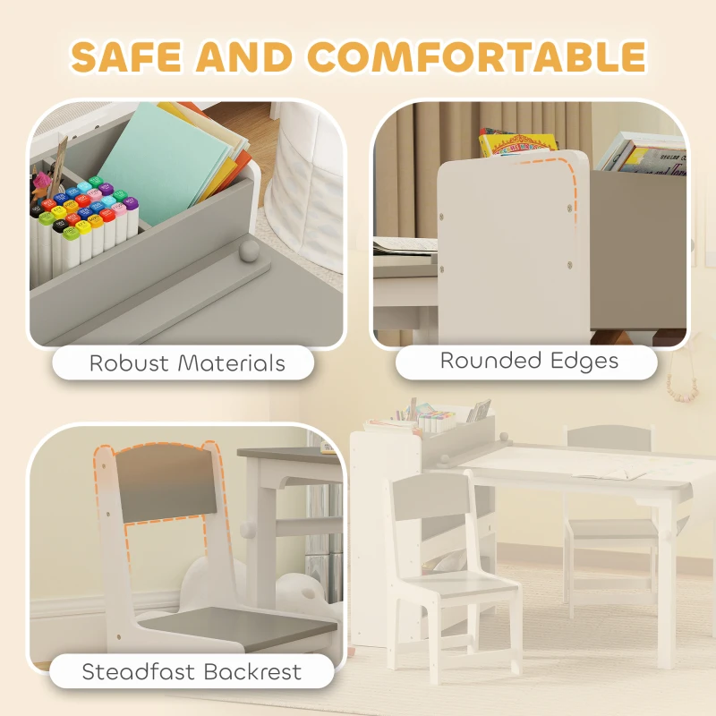 Qaba Kids Table and Chairs Set, Toddler Art Table and Chair Set with Paper Roll, Storage Shelves and Drawers, Grey