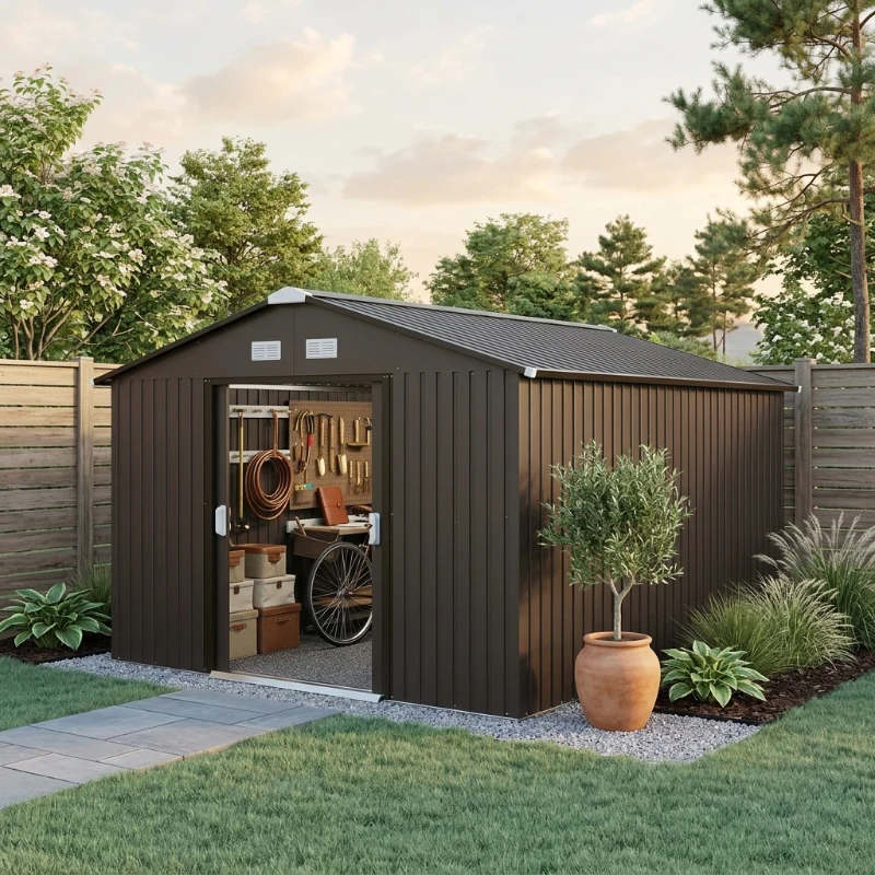 Outsunny Metal Large Shed with Double Locking Doors Sloped Roof for Garden Tool, Bike Storage, Brown