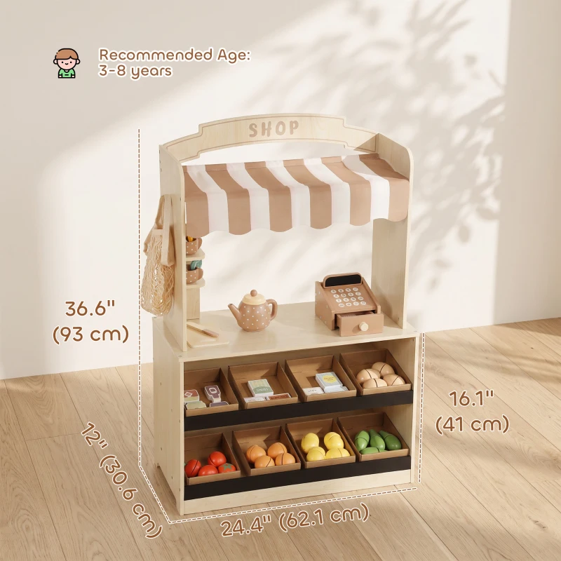 Qaba Wooden Grocery Store Playset Pretend Play with Play Food, Cash Register, Chalkboard, 61 Accessories for Boys & Girls 3-8