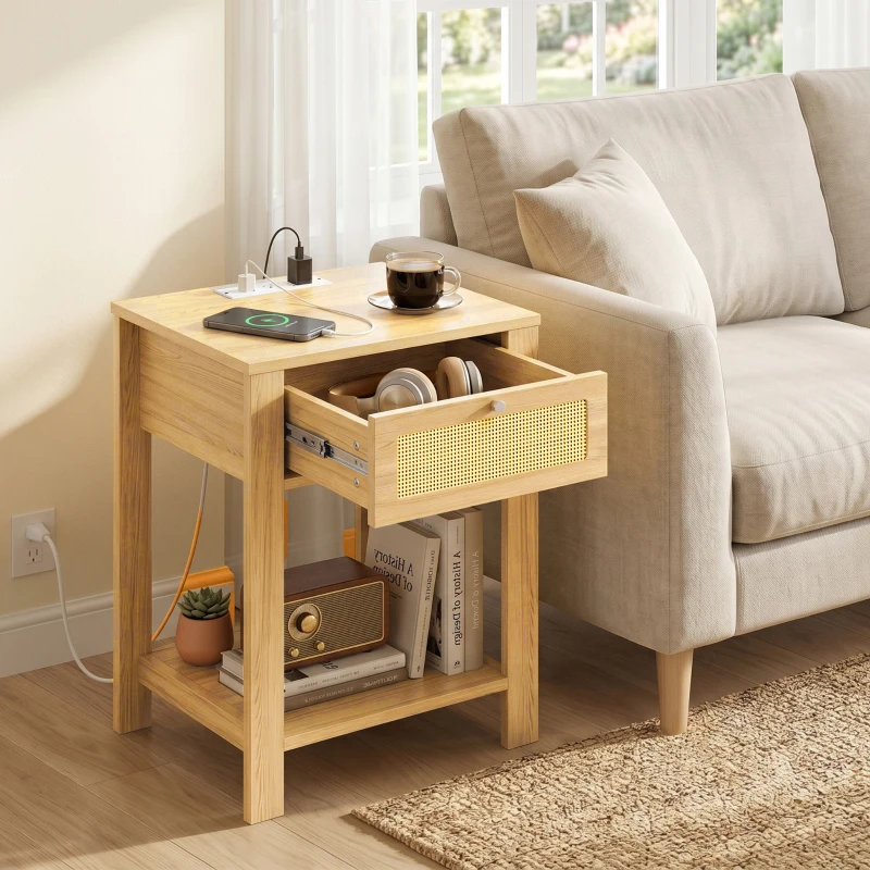 HOMCOM Boho Side Tables Set of 2 with Charging Station, End Tables with Drawer and Open Shelf for Living Room, Natural Wood