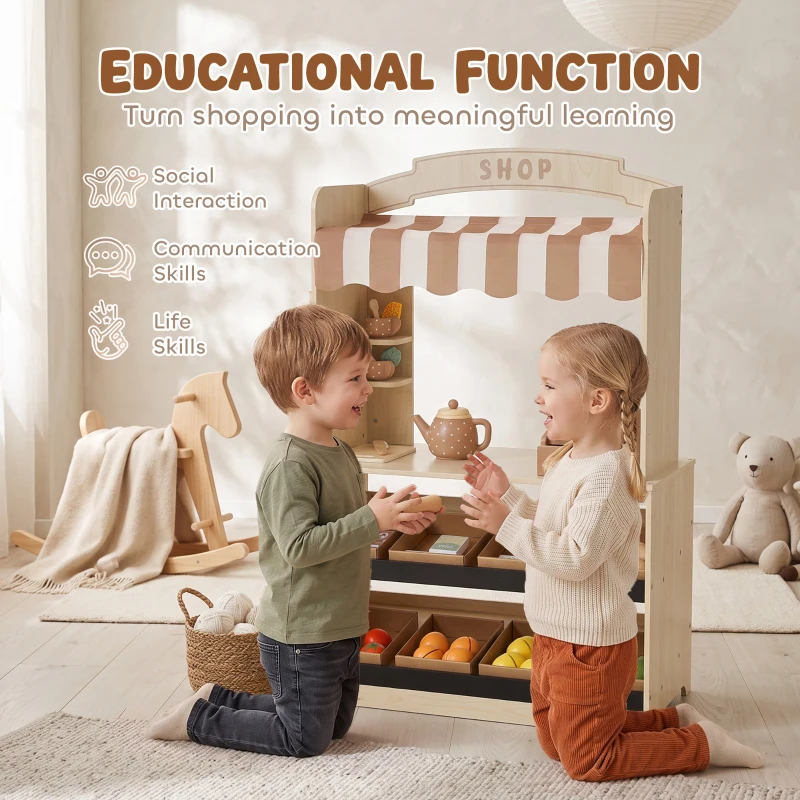 Qaba Wooden Grocery Store Playset Pretend Play with Play Food, Cash Register, Chalkboard, 61 Accessories for Boys & Girls 3-8