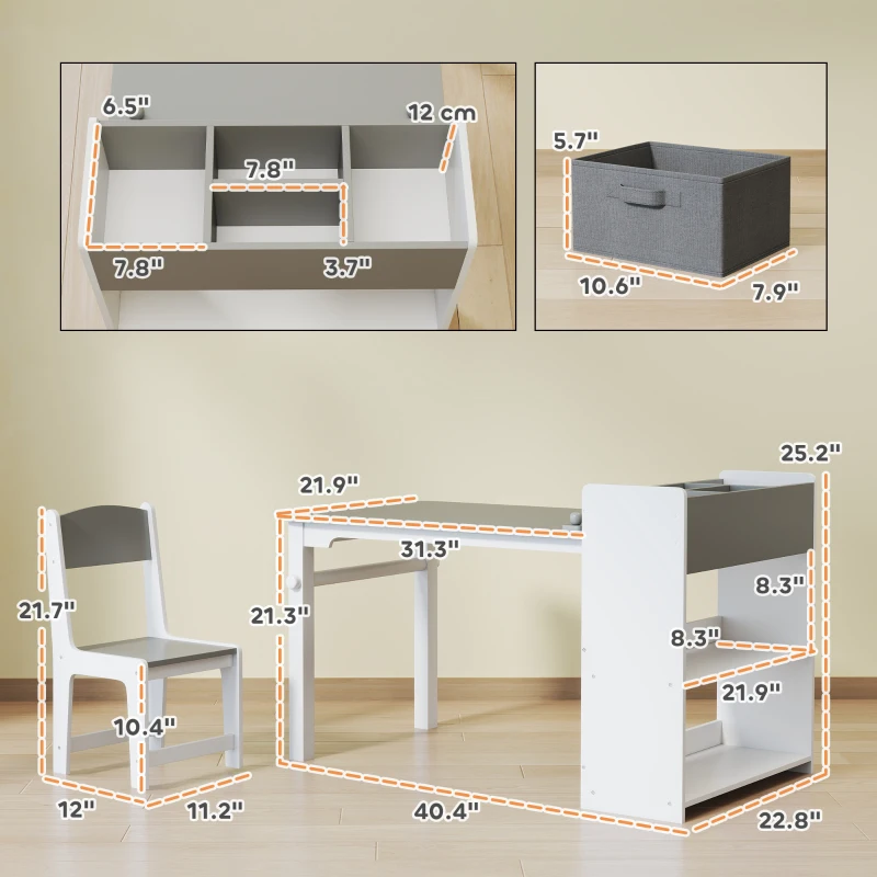 Qaba Kids Desk and Chair Set with Paper Roll, Kids Activity Craft Table with Storage Shelves and Drawers, Gray