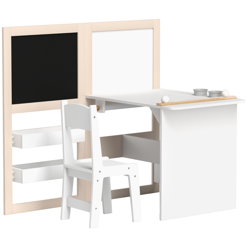 Qaba 3 in 1 Kids Table and Chair Set with Storage, Whiteboard, Blackboard & Roll Paper for 3-8 Years, White